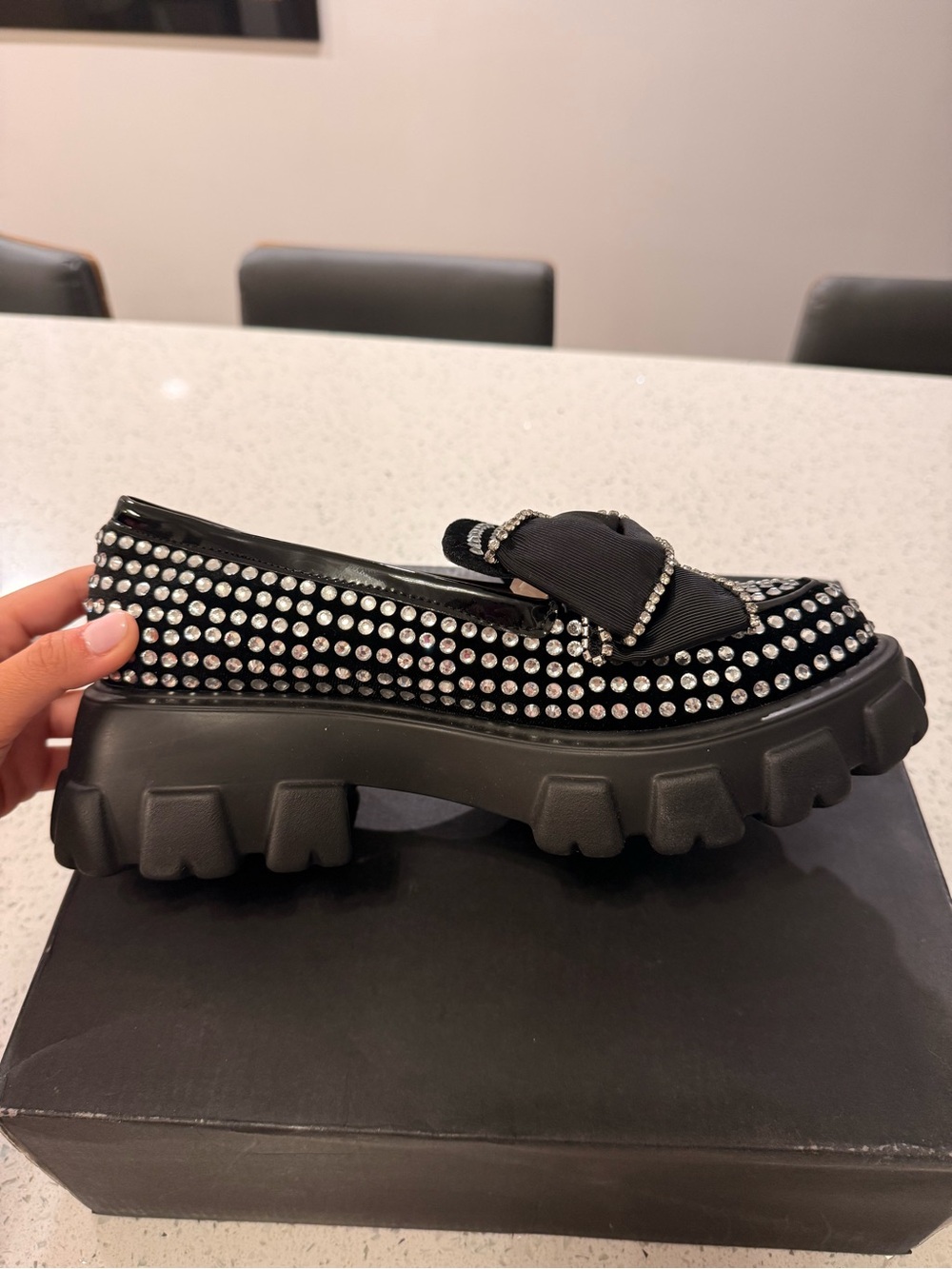 Betsey Johnson Black Crystal-Studded Platform Loafers with Bow - Picture 2 of 4
